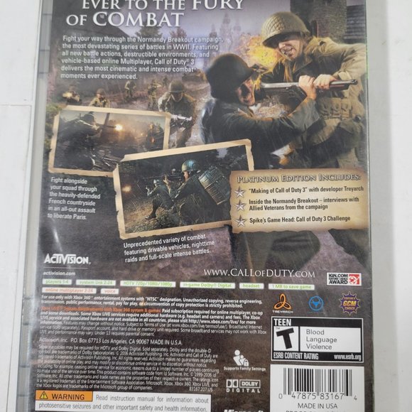 XBox 360 Platinum Hits Call of Duty 3 -- ITEM #1335 - Picture 2 of 3